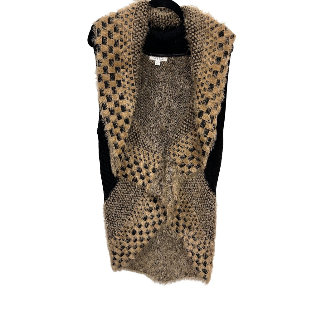 Spense Black Tan Eyelash Knit Checkered Open Front Draped Sweater Vest Large